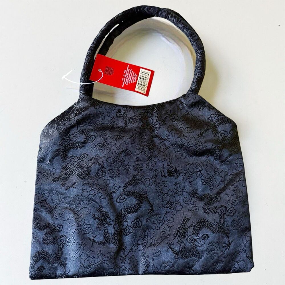 Vintage Y2K Black Dragon Floral Brocade Handbag Asian Inspired Evening Purse Bag